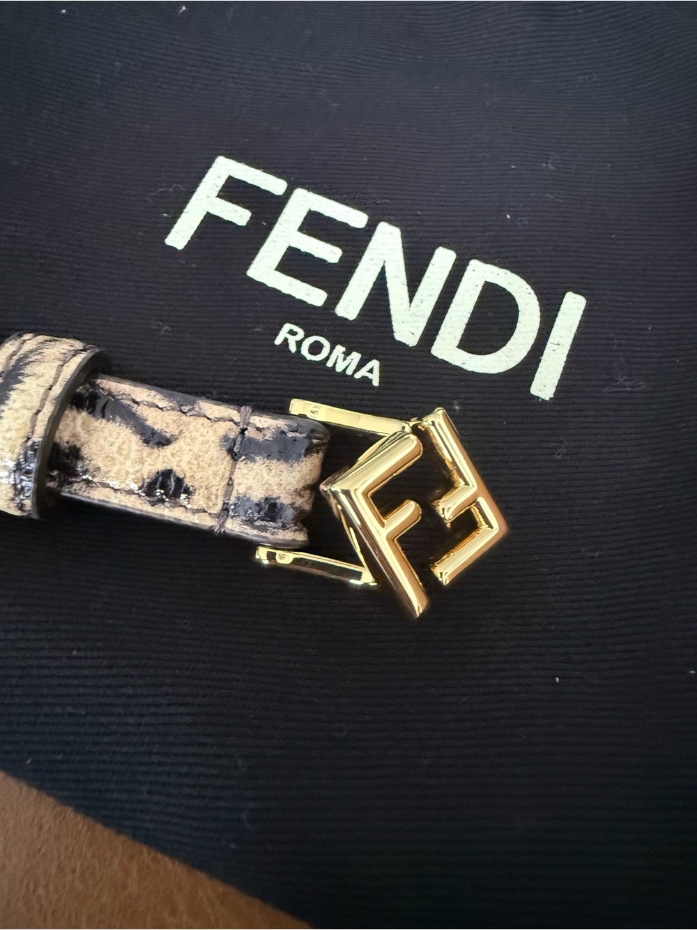 Fendi Gold FF Buckle Leather Belt in Beige and Black Marble